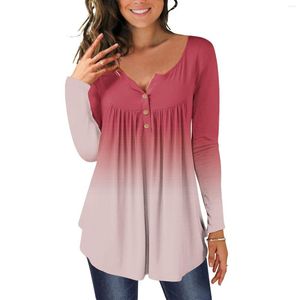 Damen T-Shirts Ling Sleeve Shirt Frauen Casual Farbverlauf Druck V-Ausschnitt Knöpfe Long Flare Tunika Bluse Tops