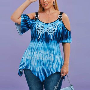 Women's Blouses & Shirts Plus Size Blouse Women Clothing Butterfly Printing Casual Cold Shoulder Handkerchief Irregular Tops Tee Elegant Pul