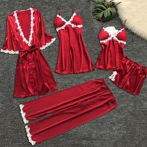 Women's Sleepwear 5Pcs Women Sexy Lace Nightwear Underwear Suit Babydoll Pants Dress Silk Sleepsuit Shorts Trousers 3Pcs