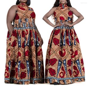 Etniska kläder Elegant a-line afrikansk afrikansk aftonklänning Halter maxi ärmlösa parti kvinnor dubai kaftan robe tryck formellt