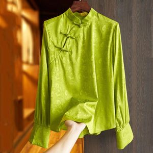 Camisas de seda verde de seda de seda feminina Retro