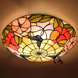 Ceiling Lights European Butterfly 16 Inch LED E27 110-240V Pastoral Light Tiffany Round Glass Lampshade Lamparas De Techo Abajur