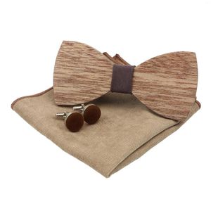 Neck Ties Handmade Wooden Bow Tie Set Soft Microsuede Pocket Square Cufflinks For Men Wedding Party Bowtie Butterfly Hanky 3 Pcs Lots