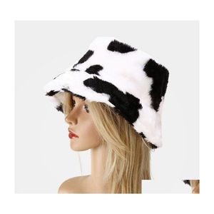 Skąpy brzegowe czapki na zewnątrz swobodne sztuczne futra zima dla kobiet czarne białe krowie nadruk wiadra kapelusz mężczyzna fisherman upuszcza dostawa moda moda otveo