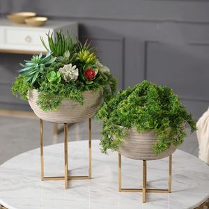 Vases Luxury Resin Semicircular Flower Pot Art Vase Tabletop Plant Dried With Gold Metal Shelf Home Office Decorative