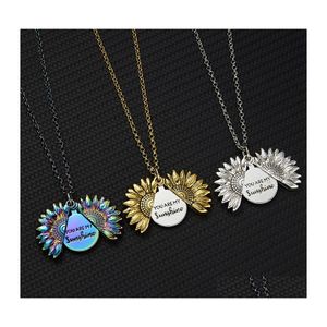 Anhänger Halsketten Gold Sier Farbe Offene Medaillon Halskette Graviert Sie sind mein Sonnenschein Sonnenblume Einzigartige Party Schmuck Geschenk 809 R2 Drop Dhlyg