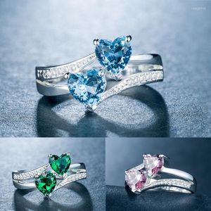 Eheringe, versilbert, doppelter herzförmiger Zirkonia, für Damen, Band, Schmuck, Fingerring für Liebhaber, Party-Geschenk für Mädchen