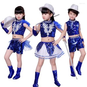 Bühnenkleidung Kinder Jazz Dance Moderne Cheerleading Kostüme Hip Hop Junge Mädchen Crop Top und Hosen Pailletten Performance Set