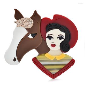 Broschen Wulibaby Acryl Pferd und Dame für Frauen Schönheit Cowgirl Figur Party Kausal Brosche Pins Modeschmuck Geschenke