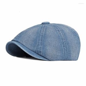 Berets Washed Denim Baskenmütze Cabbie Jean Achteckiger britischer Stil Retro Duckbill Sboy Gatsbay Vintage Flat Ivy Cap Dropship