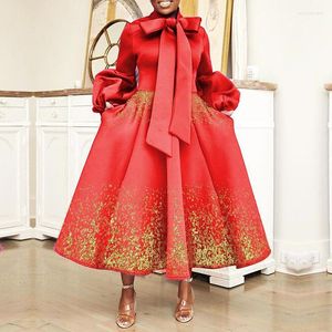 Etniska kläder Big Bow Neck African Dresses For Women Casual Lantern Sleeve Red Print Dress Dashiki kläder Evening Party Party