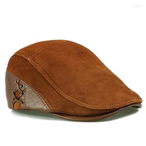 Berets Leather Fashion Genuine European Style Caps Beret Man Casual Sheepskin Suede Black/Brown Fitted Duckbill Boina Hombre Winter