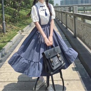 Saias midi kawaii para mulheres primavera verão japonês estilo lolita adolescentes mole menina alta cintura de babados suspenso rok jk