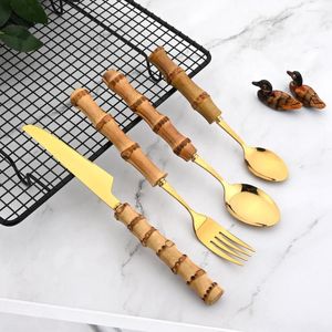 Dinnerware Sets AJOYOUS 4Pcs Tableware Set Stainless Steel Fork Knife Spoon Bamboo Handle Flatware Mirror Retro Cutlery