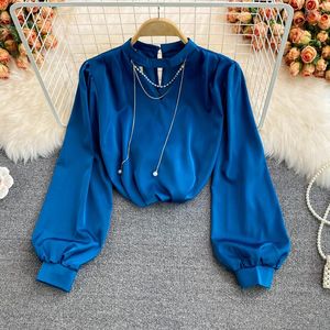 Kvinnors blusar Kvinnor Satin Blue Turtleneck Rak platt skjorta Urban Kvinnlig tunn vanlig kort topp långärmare Bankett Autumn