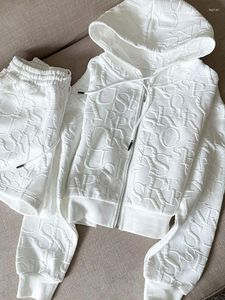 Kvinnors träningsdräkter modesuit Hooded dragkedja Sweatshirt 2 -stycken Set Letter White Tops Wide Leg Shorts Pants Korean kostym 2023 Kvinnor