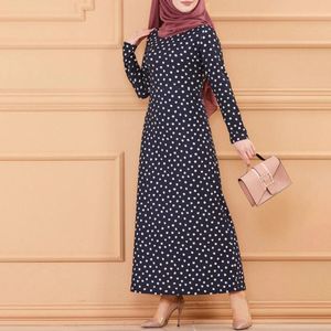 Etnik Giyim Polka Nokta Baskı Maksi Elbiseler Kadınlar için 2023 Ey Boyun Uzun Kollu Umman Müslüman Kıyafetler Bel-Tight Cobe Ramazan Eid