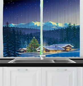 Cortina de cortina Blue Kitchen Curtains Christmas Winter Landscape de pequenas casas quentes e grandes árvores de Noel com cortinas de janela