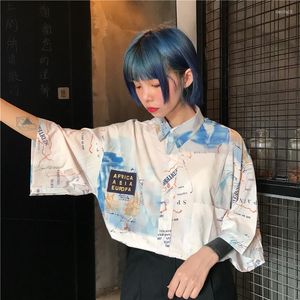 Women's Blouses Button Up Shirt Women Summer Harajuku Blouse Short Sleeve Digtal Print Map Tops Casual Blusas Camisas Mujer 2023
