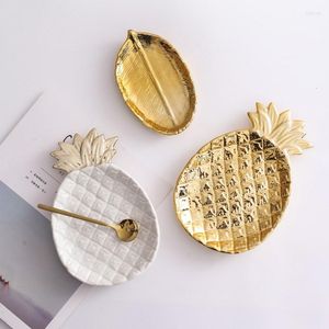 Plates Decorative Gold Pineapple Leaf Ceramic Charger Plate Dish Porcelain Candy Trinket Jewelry Storage Crockery Tableware