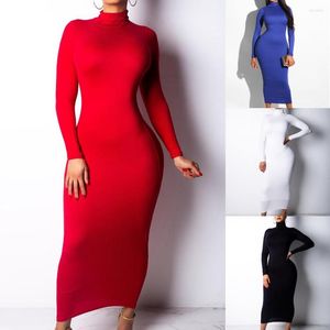 Casual Dresses Cotton Dress for Women Fashion Winter Turtleneck Tight Solid Hip Stand Long Summer med fickor