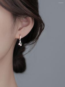 Brincos de argola 925 Sterling Silver Pink Cherry Cute Fruit Huggie for Women Fashion Zircon Dangle Jóias finas A45