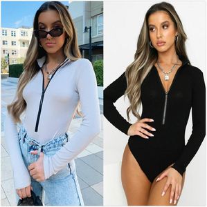 Body Mechanics Clothing 2023Solid Bodysuit For Women Spring Fall Casual Sexy Slim Long Sleeve Bottoming Rompers With Zipper Stand Collar Rib