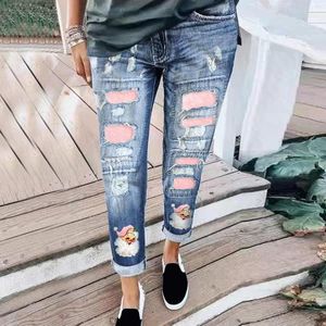 Jeans femininos elegantes mulheres leggings de natal santa impressão retalhos rasgados calças meados de cintura buraco anteriormente visto tamanho 16 para