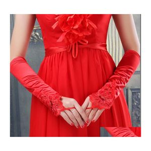 Five Fingers Gloves 1 Pair Bride Bridal Wedding Red Black White Ivory Long Lace Satin Elegant For Women Finger Drop Delivery Fashion Otl9T