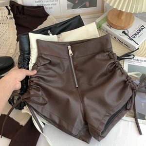 Women's Shorts YuooMuoo Pu Fashion Zipper High Waist Drawstring Package Hips Sexy Leather Pants Chic Ladies Bottoms