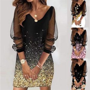 Casual Dresses Fashion Printing Loose Mid-length Dress 2024 Spring And Summer Ladies Slim Sequins Sexy See-through Mesh Long Sleeves 4xl