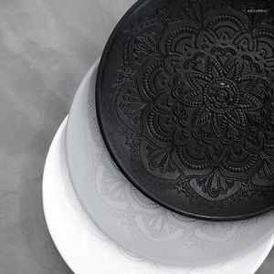Plattor 30 cm svartvitt grått vattenfruktbricka po props trä totem tryck modell rum matbord dekorativ