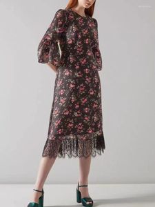Sukienki swobodne Wczesna wiosna Kobiety Jedwabny retro w kwiatowy nadruk Nieregularny obłożenie szwane sukienki z szwu Pani Flasher Sleeve o modzie szata mody