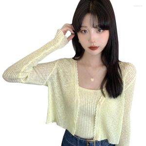 Maglieria da donna Cardigan in seta lavorata a maglia solida da donna Ghiaccio ultrasottile Estate Autunno Onde Fuori Rubinetti da sole Scollo a V Top corti Maglioni