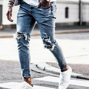 Moda dżinsów męskich Rozerwana chuda zniszczona strzępiona Slim Fit Denim Pants Biker Diansmen's