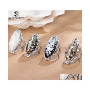 Solitaire Ring Sepicial 4 Vintage Antique Sier Color Big Oval Shell Finger Design For Women Female Couple Statement Jewlery Gift Dro Dhqnx