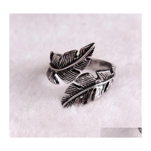 Band Ringe Mode Vintage Retro Frauen Männer Edelstahl Ring Feder Blätter Öffnung Einstellbar Punk Hip Hop Schmuck Geschenk43 Q2 Dro Dhwch