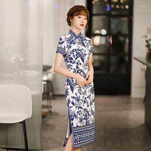 Abbigliamento etnico Cheongsam Qipao Chineses Abito tradizionale Blu e porcellana bianca Abiti vintage BodyCon Vintage Banchet Banquet Hanfu Plus