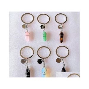 Keychains Lanyards Wire Wrap Hexagon Prism Reiki Healing Natural Stone Chakra Amethyst Pink Rose Crystal Key Rings Keyrings Women Dhdru