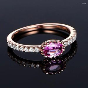 Fedi nuziali Anello da principessa in cristallo con zirconi cubici ovale rosa brillante delicato Anello da fidanzamento color oro carino per regalo di gioielli da donna