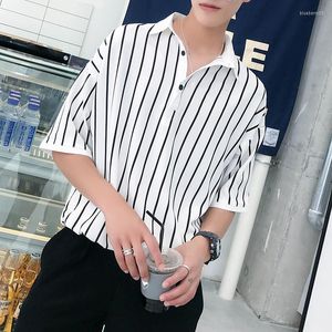 Men's Polos YASUGUOJI 2023 Summer Fashion Vertical Striped Shirts For Men Loose Polyester Mens Shirt Half Sleeve Dress Polo