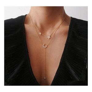 Anhänger Halsketten Modeschmuck Doppelschicht Halskette Rhinstone Sterne Mond Choker Drop Lieferung Anhänger Dhgox