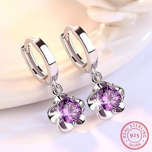 Kolczyki obręcze Plum Blossom Pionit Flower Purple Red Crystal 925 Srebrny jwelry dla kobiet Oorringen Zilver