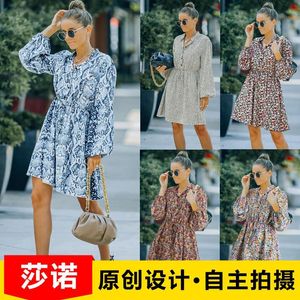 Casual Dresses Dress Women Summer Europe Ins Fashion Wind V-neck Tall Waist With Floral Chiffon Mini Vestidos SLF11835