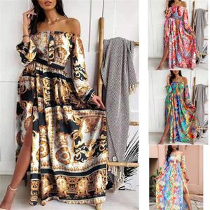 Etnik Giyim Afrika Seksi Straplez bayanlar Yaz Kadınlar Elbise Mizaç Retro Çiçek Baskı Uzun Bölünmüş Parti Moda 2023