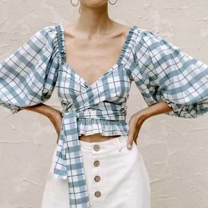 Women's Blouses Boho Inspired Fashion Chic Plaid Crop Tops Women Holiday Style Bow Tie Elastic Slim V-neck Blouse Sexy Summer