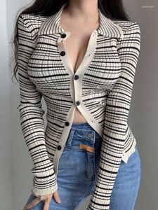 여자 니트 캐주얼 스위트 라펠 우아한 스트라이프 v leck 긴 소매 니트 스웨터 가디건 빈티지 섹시한 한국 여성 탑 kp8k