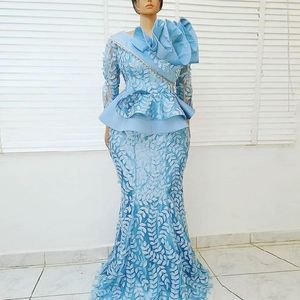 Party Dresses Aso Ebi Style 2023 Prom Lace Blue Mermaid African Dress Wedding Wear Long Sleeves Nigerian Arabic Evening Clown