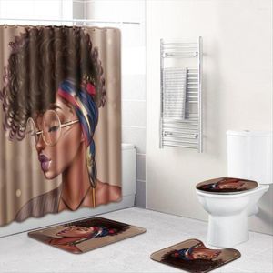 Badtillbehör Set African Women Cartoon Kids Badrum med krokar Duschdraperi och matta 4st toalettläpp Cover U Shape Home Decor