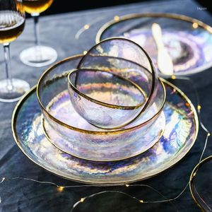 Servis uppsättningar Dazzle Color Glass Flat Plate Sallad Bowl Gold Edge Western Tray Steak Snach Dishs Fruit Bowls Container 1st